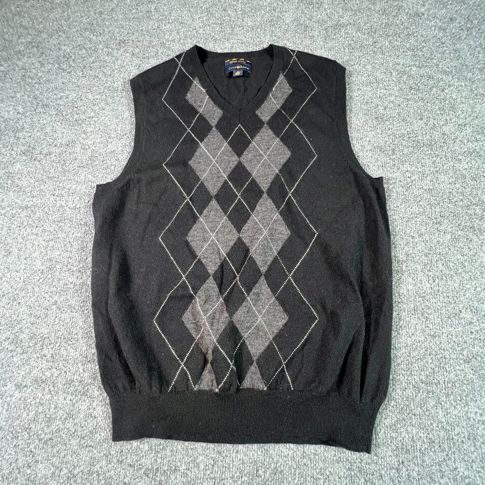 Club Room Mens Small Black Merino Wool Argyle Sweater Vest V-Neck Pullover